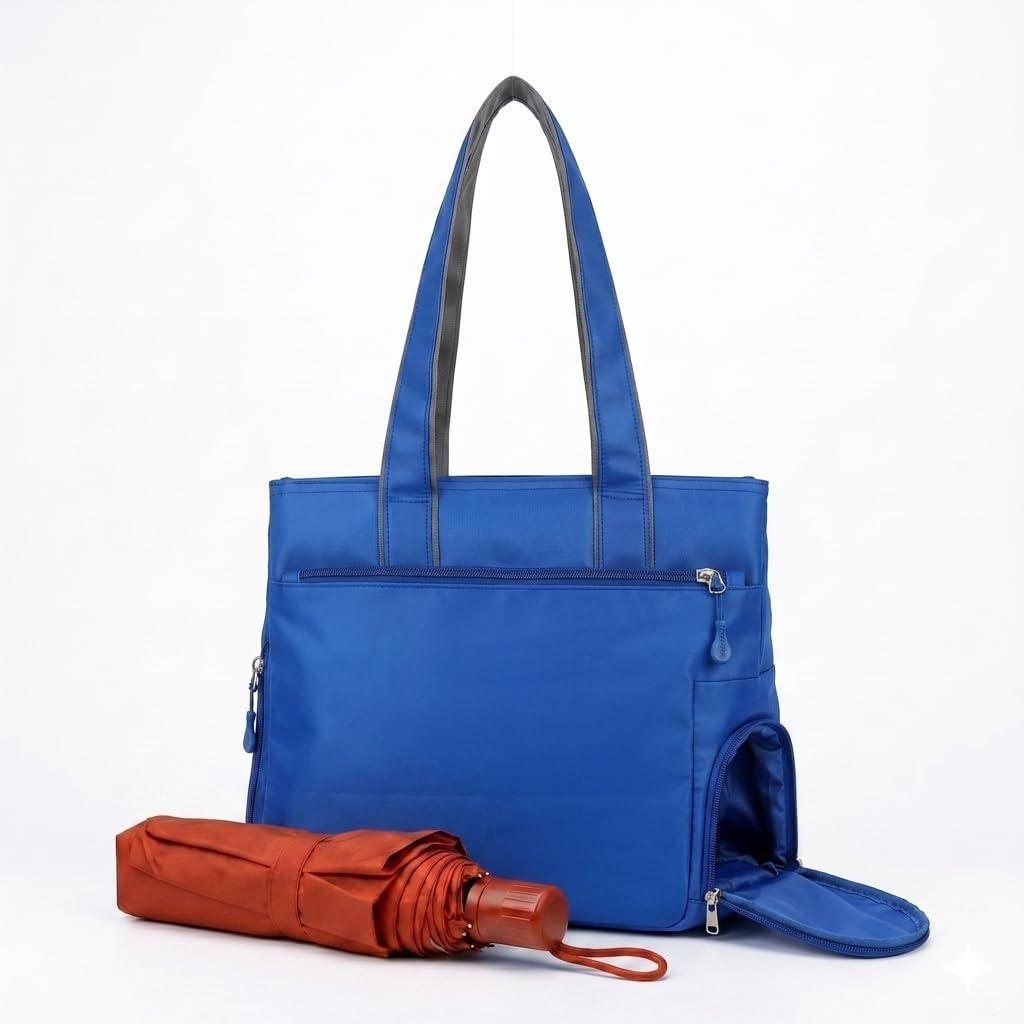 Bag-Age HB55 Tote Handbag for Girls & Women, Water Resistant Office Work Bag with Umbrella Pocket, Large Capacity Shoulder Bag for Work, Travel & Daily Use (Blue)