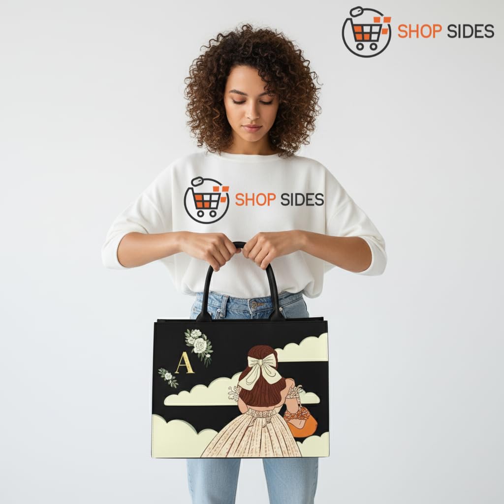 SHOP SIDES Personalized Fashion Girl Tote Bag for Women | Custom Name Canvas Handbag with Stylish Back-View Girl Art | Trendy Printed Black Tote | Eco Friendly Shopping College Bag_10×12 & 12×16 inch