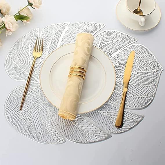 HomeCloud Table mat Round Shape| Table mat Round | Cutwork Design mat | Dining Table mats | Dressing Table MATS | Bed Side Table mats (Leaf_Silver, 4) Kafalo