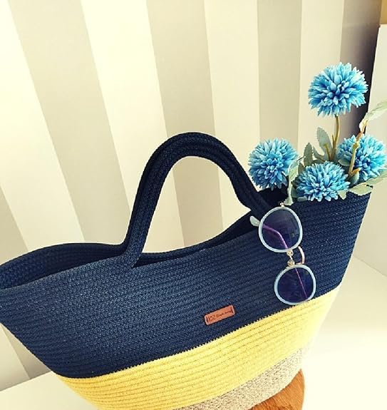 BEAUTIFUL HOMMIES Attractive Hand Bag |large Tote Bag |Summer Bag | Bucket Bag | Basket Bag | Bamboo Tote | Beach Bags for Women|Boho Bag|Handbag |Jute Bag |Handmade Bag (NAVY BLUE YELLOW)