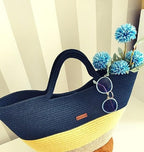 BEAUTIFUL HOMMIES Attractive Hand Bag |large Tote Bag |Summer Bag | Bucket Bag | Basket Bag | Bamboo Tote | Beach Bags for Women|Boho Bag|Handbag |Jute Bag |Handmade Bag (NAVY BLUE YELLOW)