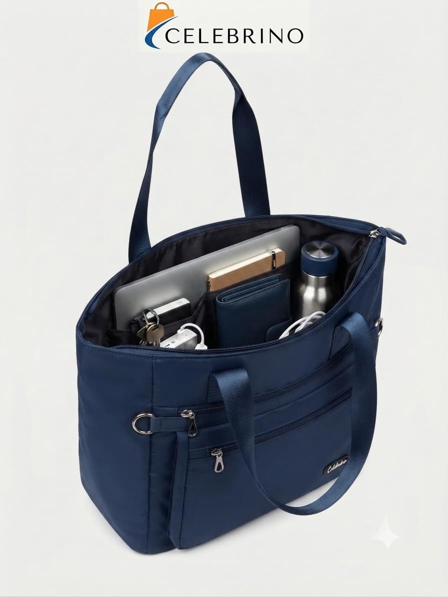 CELEBRINO Spacious Tote Handbag for Women | Nylon Hand Bags with Multiple Zip Compartments | Waterproof Large Shoulder Bag for Office, College, Travel & Shopping | Multi Pocket Zipper Handbags