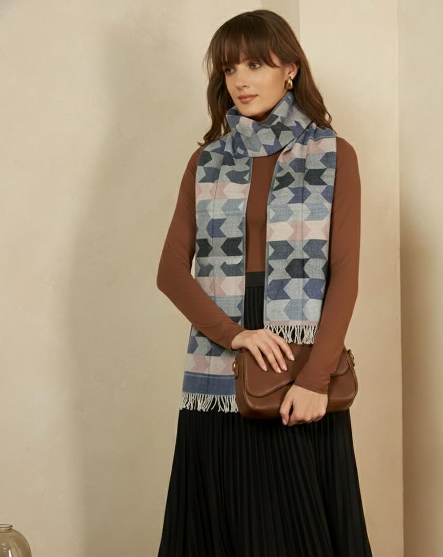 Ravaiyaa - Attitude is everything Women Woolen Ikat Design Casual Warm Winter Wear Muffler Scarf Stole 72x14 Inch (Blue & Multi Color)