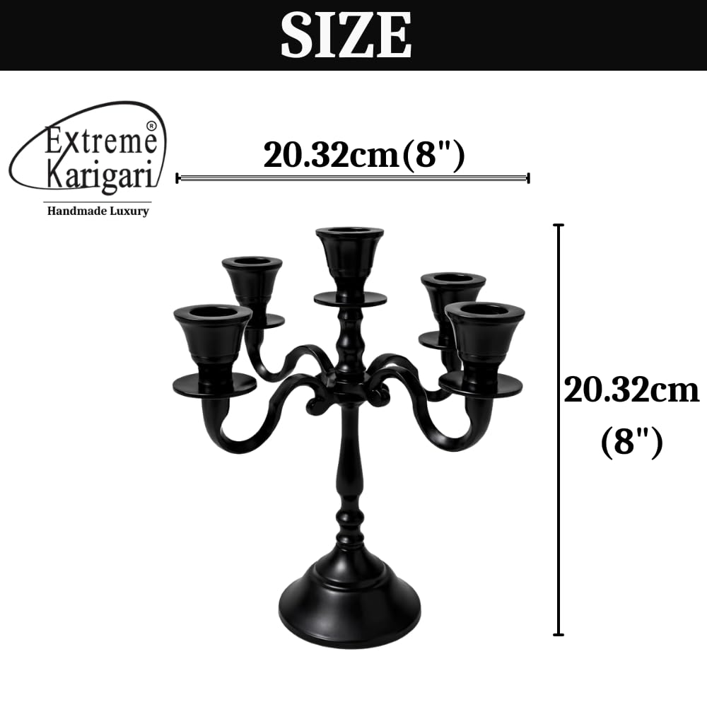 Extreme Karigari Aluminum 5-Arm 8inch Black Matt Candelabra for Dining Table | Vintage Candle Stand for Romantic Dinner, Home & Wedding Decor