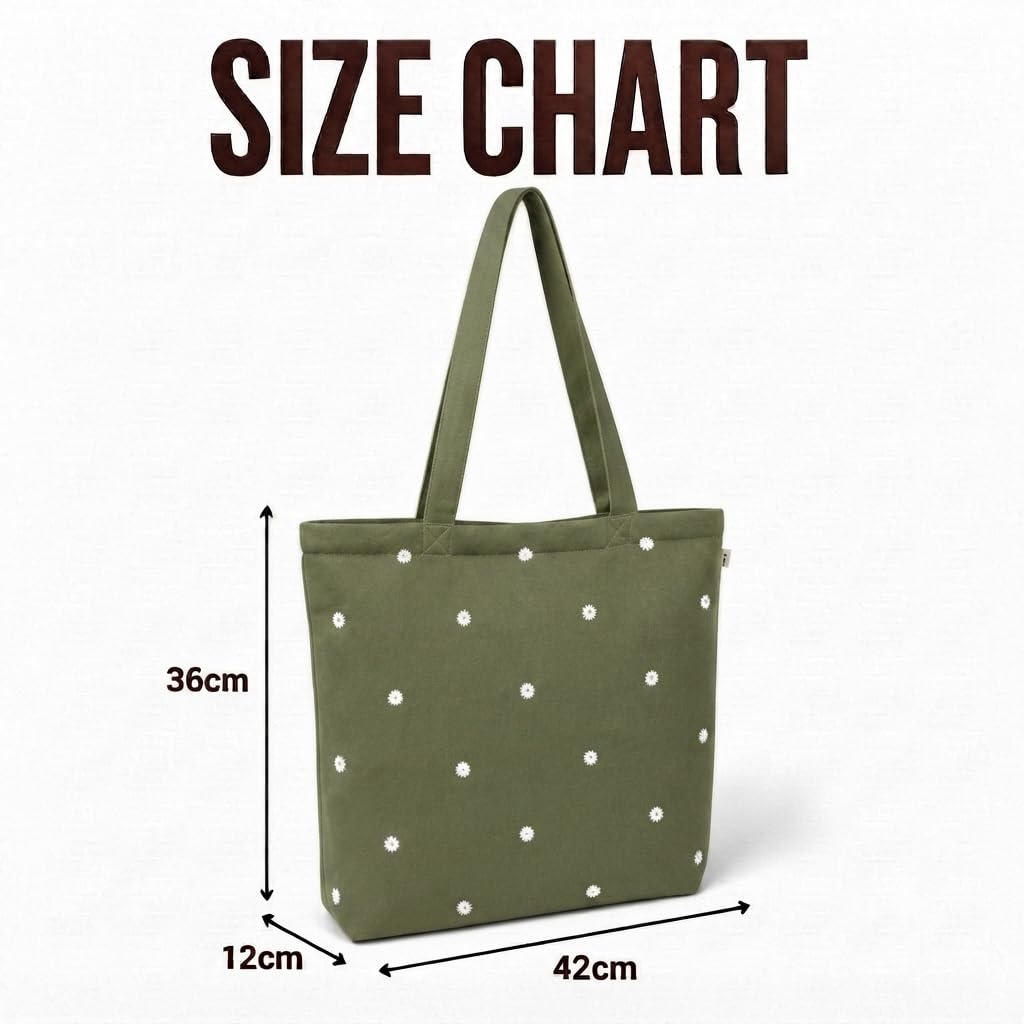 MASQ Premium ToteBag for Women with Zipper | Embroidered Foldable Shoulder Bag with Multiple Pockets | Spacious Handbag for College & Office | Eco-Friendly & Reusable (AP_TB_Olive_Daisy_01)