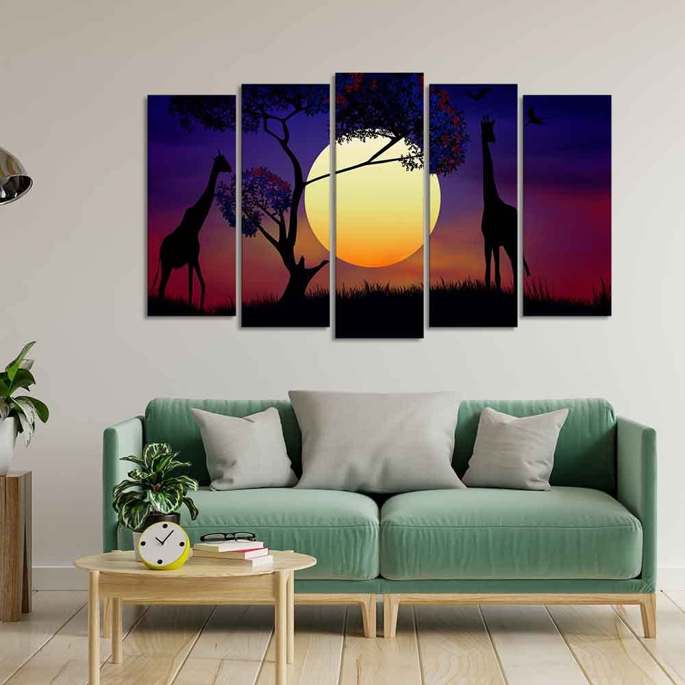 VIBECRAFTS Pair of Giraffe at Night Canvas Wall Painting Set of Five Pieces For Home|Office|Living Room|Gift (PTVC5Pcs2_6622)