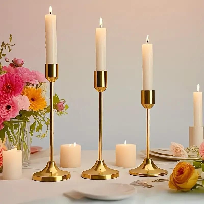 SHIMATI Modern Metal Candle Holder Set of 3, Elegant Gold Taper & Pillar Candle Stand for Table Centerpiece, Festive Home Decor & Wedding(Golden)