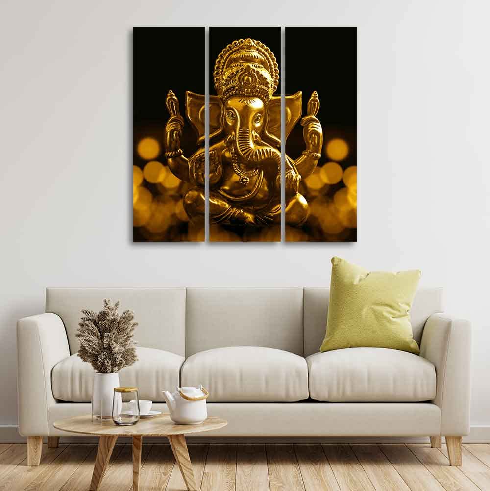 VIBECRAFTS Shree Ganesha 3 Pieces Canvas Wall Painting Fitted With Wooden Frame For Home | Office | Living Room | Gifts (PTVC3Pcs1_9506)