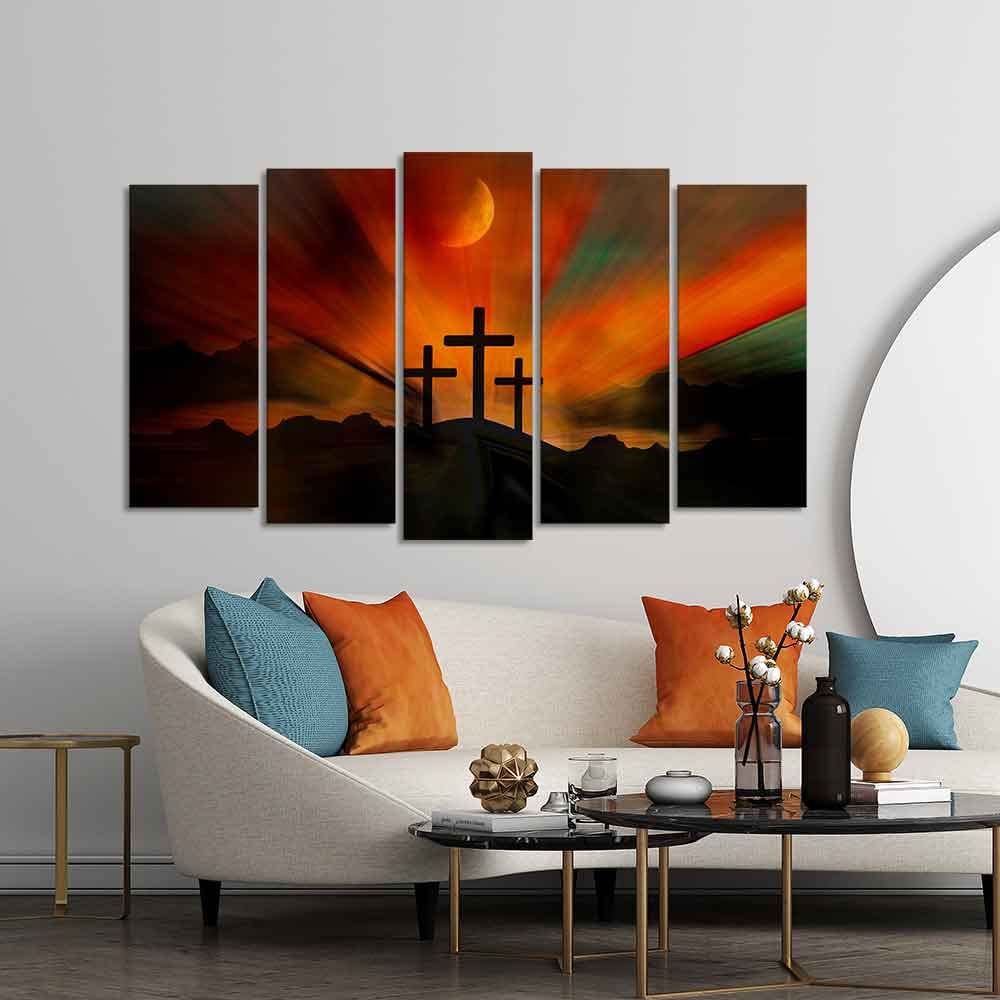 VIBECRAFTS Three Cross Silhouette Canvas Wall Painting of Five Pieces Set For Home|Office|Living Room|Gift (PTVC5Pcs2_6627)