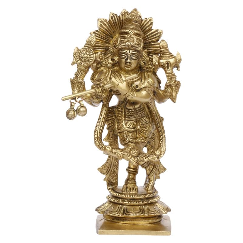 SVARUP Brass Idol of Krishna with Flute in Hand Gold Color 5.5 Inch Height
