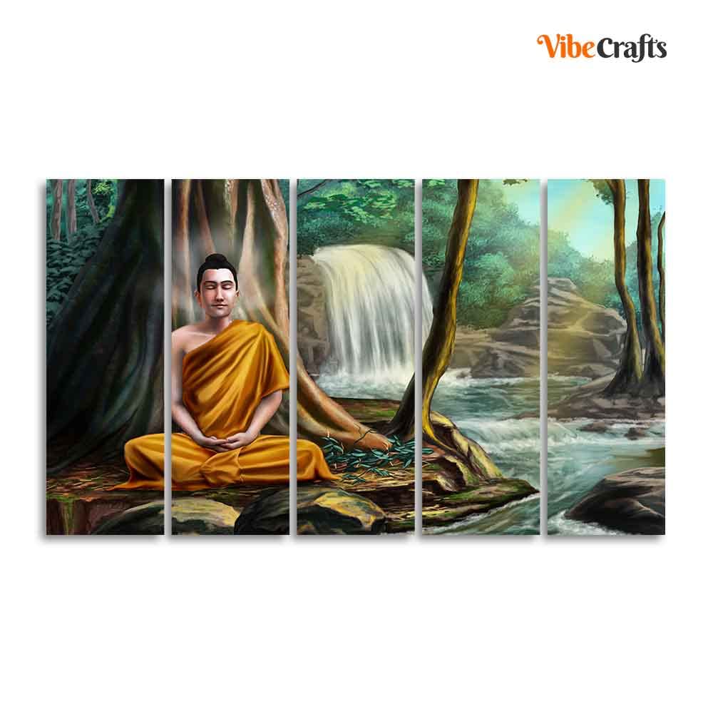 VIBECRAFTS Wall Painting of Buddha with Nature Background Set of Five For Home|Office|Living Room|Gift (PTVC5Pcs4_8614)