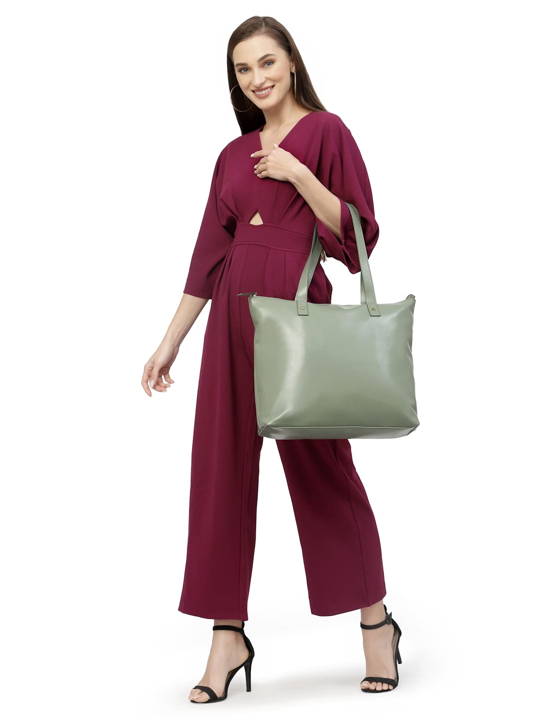 Aquatan Vegan Leather PU Tote Bag for Women Spacious, Stylish, Sturdy PU Material Handbag Zippered Compartment Olive (Olive Solid)