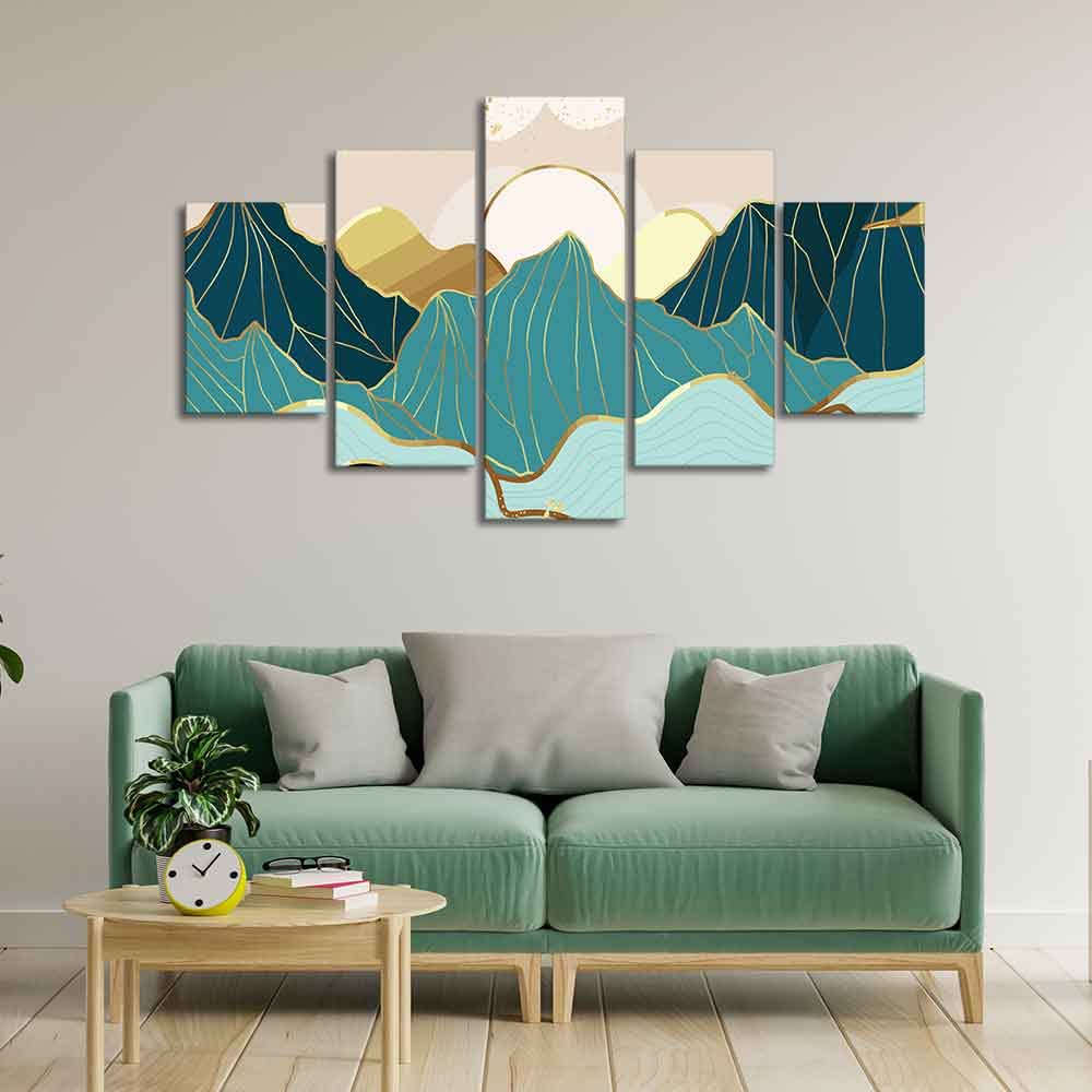 VIBECRAFTS Homcraft Gold Mountain Landscape Line Art With Sunrise Background 5 Pieces Premium Wall Painting For Home|Office|Living Room|Gift (PTVC5Pcs1_5504)