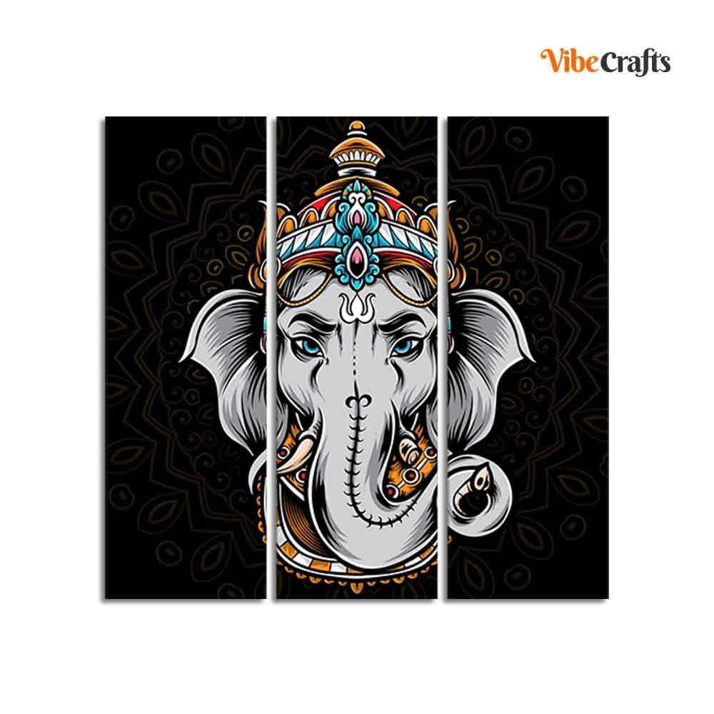 VIBECRAFTS 3 Pieces Beautiful Ganesha Head Canvas Wall Painting Fitted With Wooden Frame For Home | Office | Living Room | Gifts (PTVC3Pcs1_9581)