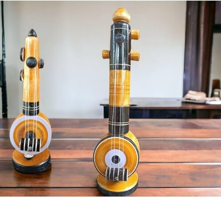 Thiva Handmade Wooden Veena Small and Medium Size Home Decor Gifting Eucalyptus Wooden Veena Musical Instruments Decorative Showpiece (Brown) Combo Pack of 2