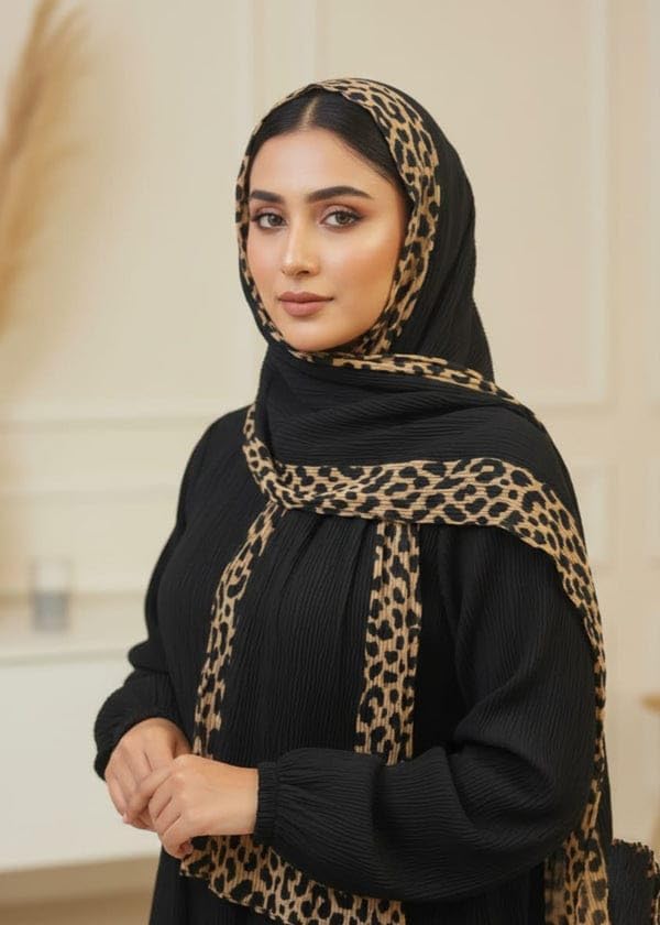 Women’s Pleated Leopard Print Border Scarf – Versatile Modest Hijab, Chic Animal Print Shawl/Stole for All Occasions (Black)