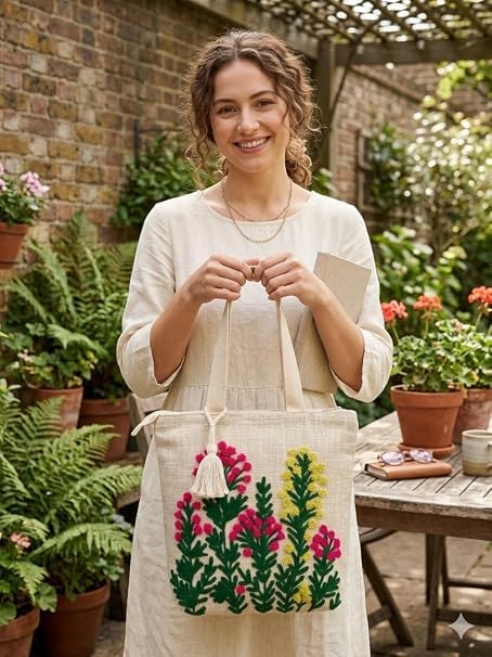 Embroidered Canvas Tote Bag, Cream, Floral Butterfly Design, Zipper Closure with Tassel
