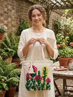 Embroidered Canvas Tote Bag, Cream, Floral Butterfly Design, Zipper Closure with Tassel