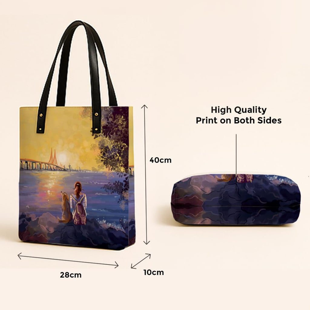Kalankit Classic Tote Bag For Women | Canvas Printed Totes For Woman | Shoulder College Bag For Girls | Vegan Leather Lightweight Everyday Bag | Gift for Woman | Sunset Vibes
