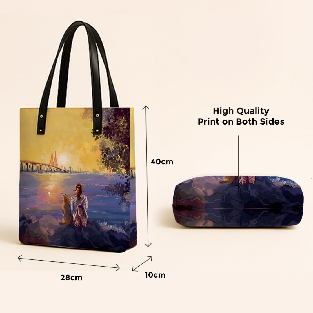 Kalankit Classic Tote Bag For Women | Canvas Printed Totes For Woman | Shoulder College Bag For Girls | Vegan Leather Lightweight Everyday Bag | Gift for Woman | Sunset Vibes