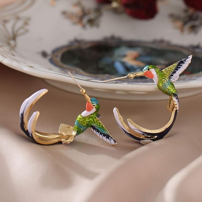 El Regalo Colorful Hummingbird Stud Earrings – Hand-Painted Enamel Bird Hoop Studs for Women & Girls | Elegant Nature-Inspired Fashion Jewelry