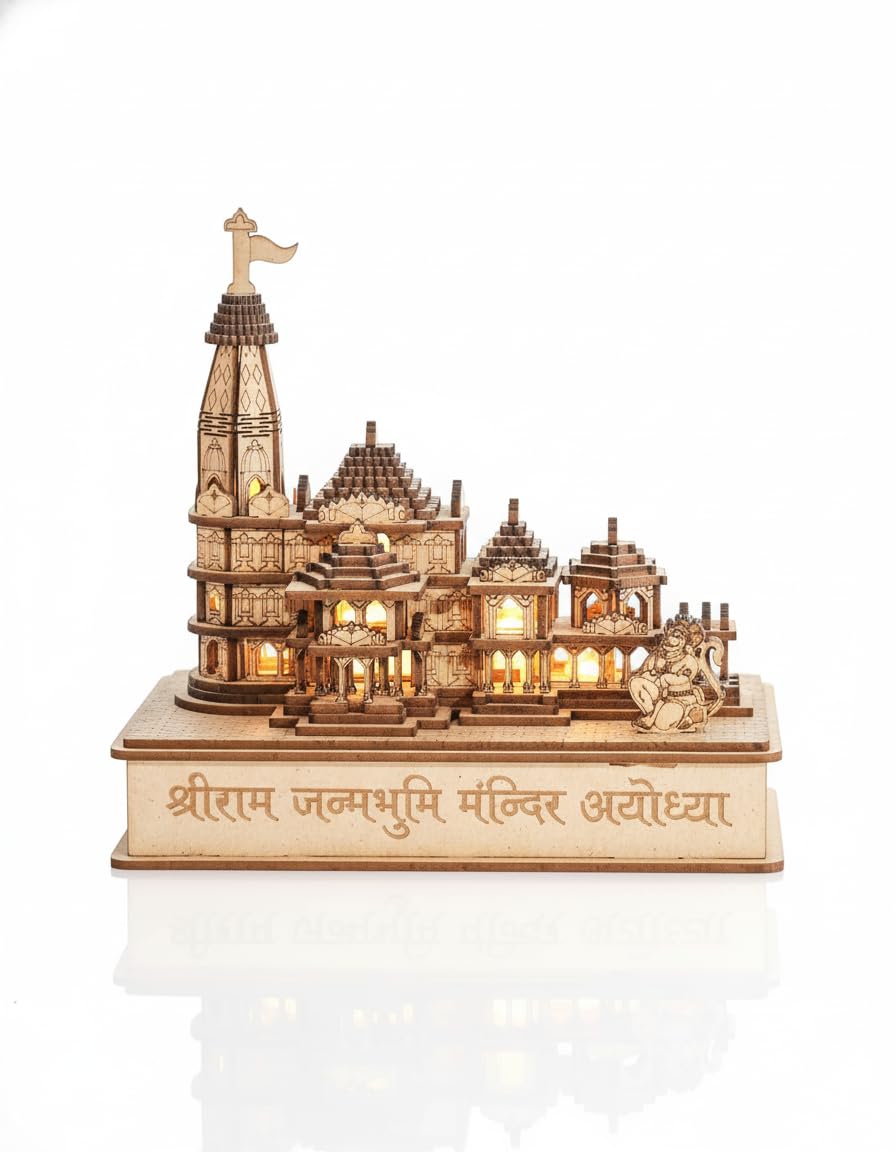 LASER ART Divine Glow Ram Mandir Ayodhya Illuminated Model 3D Wooden MDF Craft with Power Adapter, Intricate Architecture and Sturdy Gift Box Perfect for Home Temple Decor, and Spiritual Gifting.