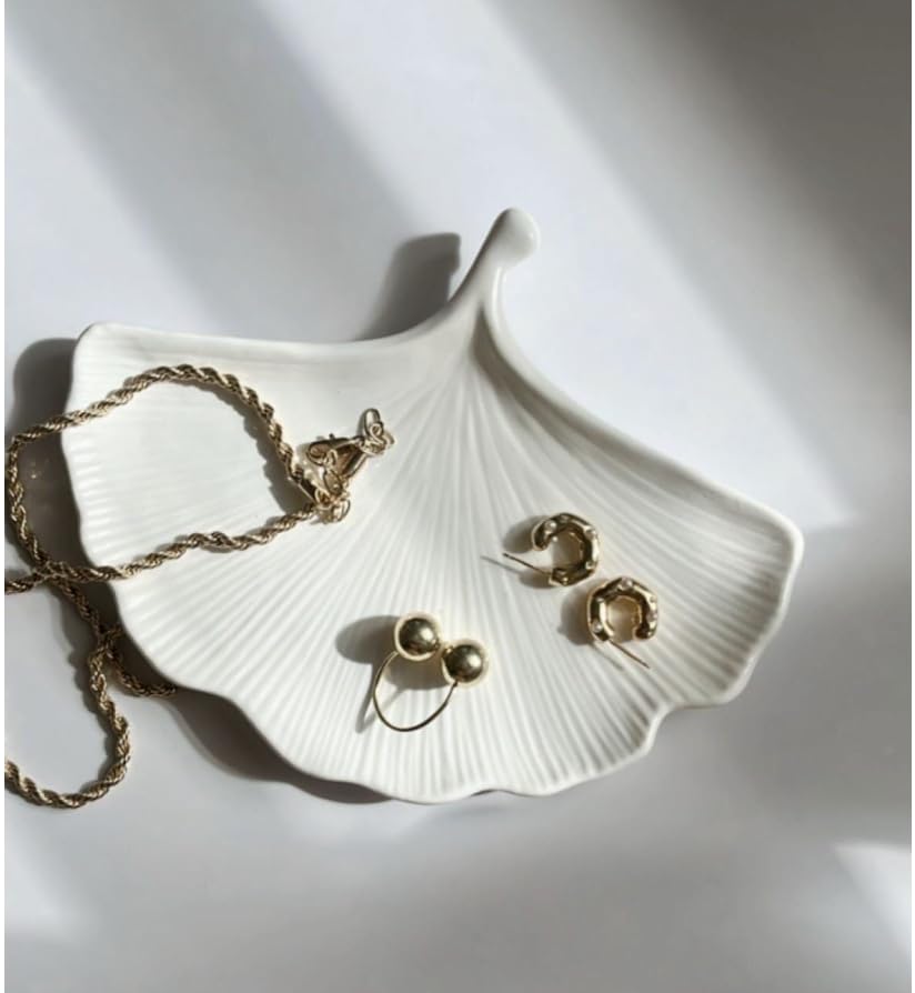 Swecha Studio Handcrafted White Concrete Ginkgo Leaf Tray, Jewelry Organizer, Ring Holder, Keys and Coin Dish, Decorative Vanity Entryway Coffee Table Décor