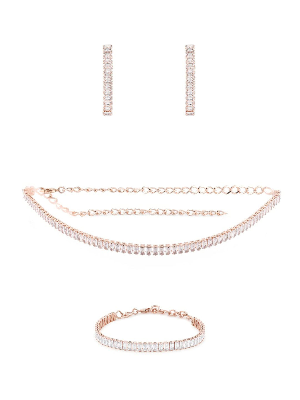 ZAVERI PEARLS Rose Gold Dazzling Baguette Cubic Zirconia Necklace Earring & Bracelet Set For Women-ZPFK12570