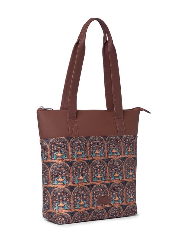 ZOUK Royal Indian Peacock Motif Printed Women's Jute Handcrafted Vegan Leather Grey Everyday Tote
