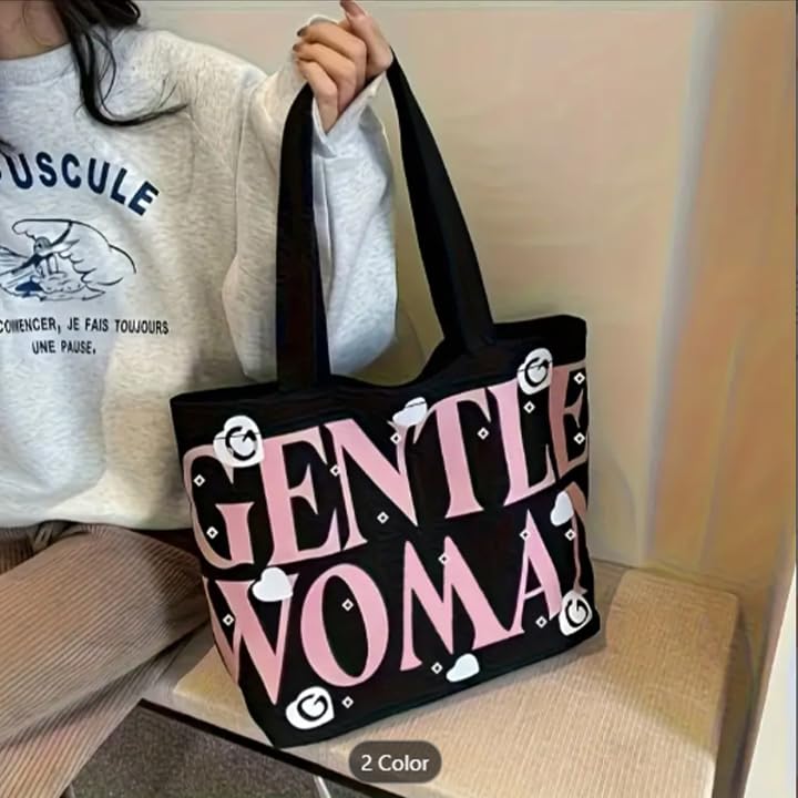 THE SACK CO. Large Canvas Tote Bag for Women, Tote Handbags for Women with Zipper &t for College, Shopping, Office (gntl women pink writing blk)