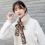 THE DDS STORE Winter Women Faux Fur Collar Leopard Print Scarves Plush Wrap Korea Bow Tie Neck Warmer Formal Party Shawl (Khaki)