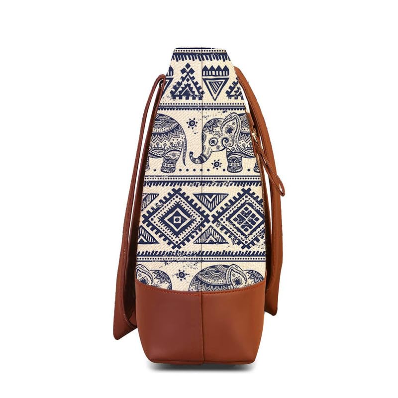 The Purple Tree Women Handcrafted Tote with Vegan Leather Handles, Elephant Print Shoulder Bag for Office and College, Oversized Contemporary White