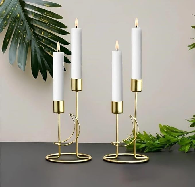 URBAN INSPIRATIONS Moon Style Candle Holder Set of 2 | Golden Metal Candle Stand for Home Décor, Living Room, Bedroom & Dining Table | Modern Minimalist Gift Items