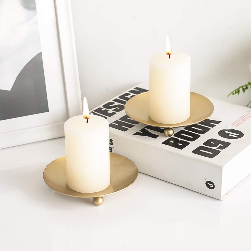 Home4Decor Gold Iron Plate Candle Holder, Decorative Iron Pillar Candle Plate, Set of 2, Pedestal Candle Stand for LED & Wax Candles, Incense Cones, Spa, Weddings (2 pcs)
