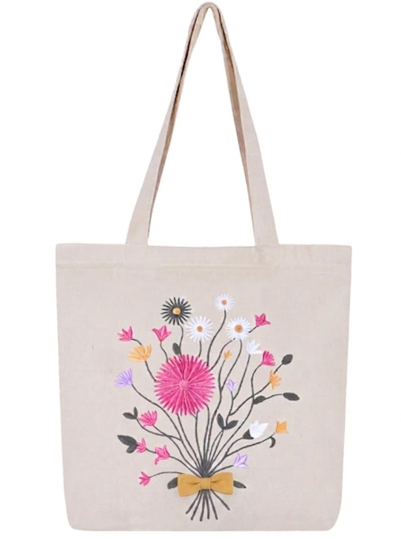 MASQ Premium ToteBag for Women with Zipper | Embroidered Foldable Shoulder Bag with Multiple Pockets | Spacious Handbag for College & Office | Eco-Friendly & Reusable (Tote_Bag_Bouquet)