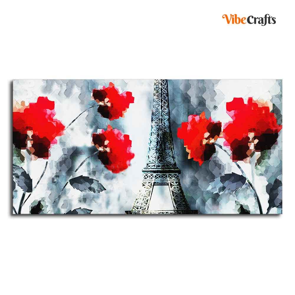 VIBECRAFTS Canvas Paintings for Living Room Drawing Room Eiffel Tower And Flowers Canvas Wall Painting Fitted With Wooden Frame For Home | Office | Living Room | Gifts (PTVCH_2561)