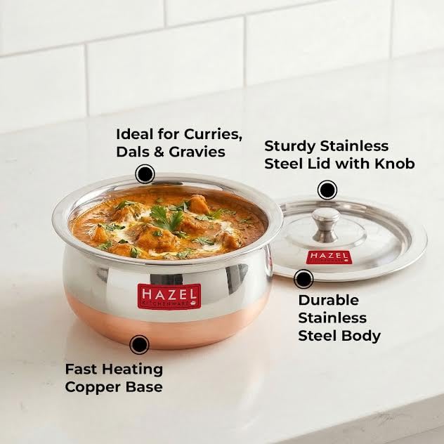 HAZEL Copper Bottom Handi Medium 1200 ml with Lid | Stainless Steel Cookware Handi for Kitchen | Copper Bottom Vessel for Cooking | Steel Utensil for Cooking & Serving