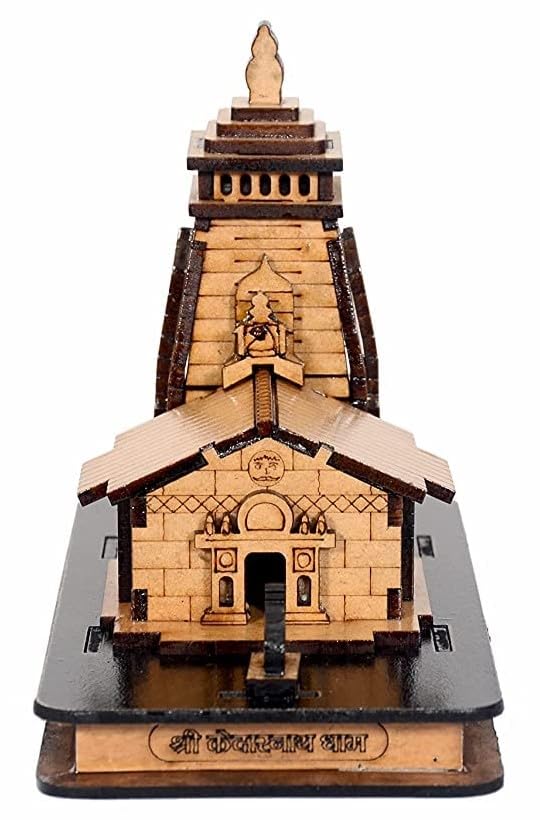 HaridwarDivine Wooden Hand Carved 3D Mini Shri Kedarnath Temple, Brown with Attached Nandi Maharaj and Trishul for Temple, Cardashboard, Gifting
