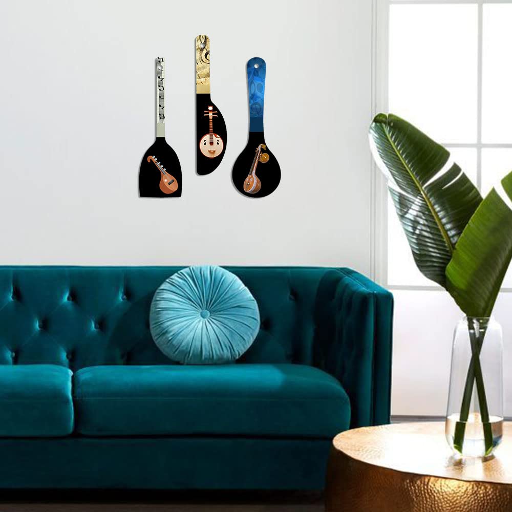 Artvibes Indian Classical Music Instrument Sitar Spoon Shape MDF Wooden Wall Hanging For Decoration | Decor Hanging Ornaments | Modern Decor Items | Artworks Hangings | Gifts (WH_5019NV), Set of 3