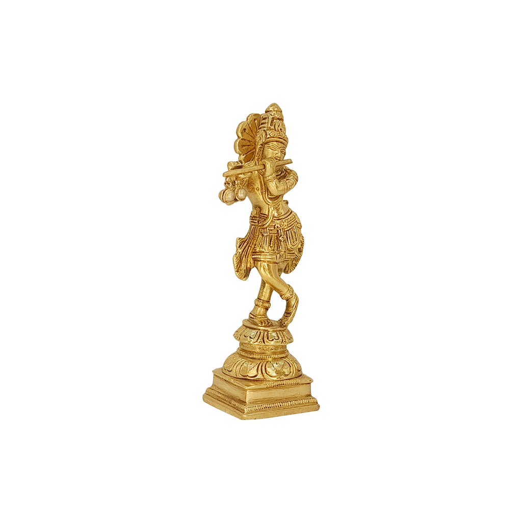 SVARUP Brass Krishna Murti Playing Flute in Gold Color Height 6 Inch