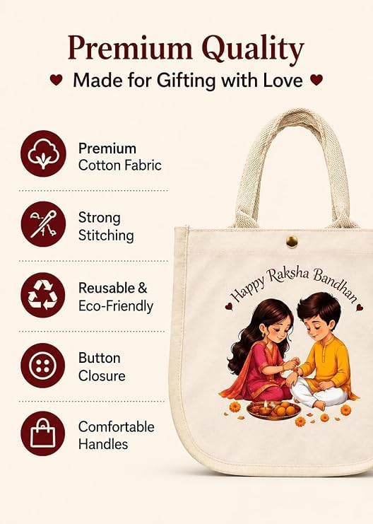RP MALL Raksha Bandhan Printed Canvas Tote Gift Bag – Cotton Bag Reusable Hamper & Return Gift Bag with Closure,Synthetic Sheet Support, Designer Print, Eco-Friendly Packaging