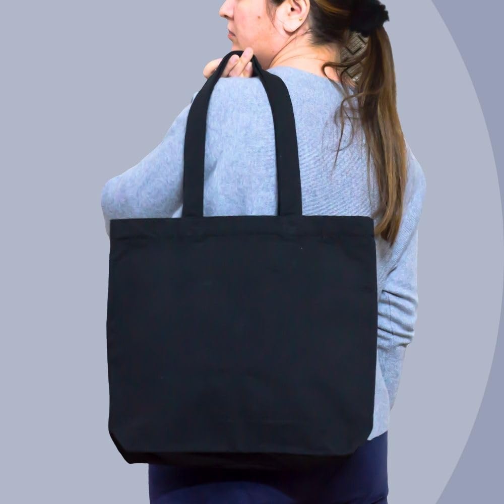 Plain Natural/Black Horizontal Cotton Canvas Tote Bag Zip & Inner Pocket
