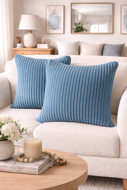 AWARD VELVETS Premium Faux Rabbit Fur Plush Luxury Soft Fluffy Striped Decorative Throw Pillow/Cushion Covers for Sofa, Couch, Living Room - (Blue, 24 x 24 inch) Set of 1