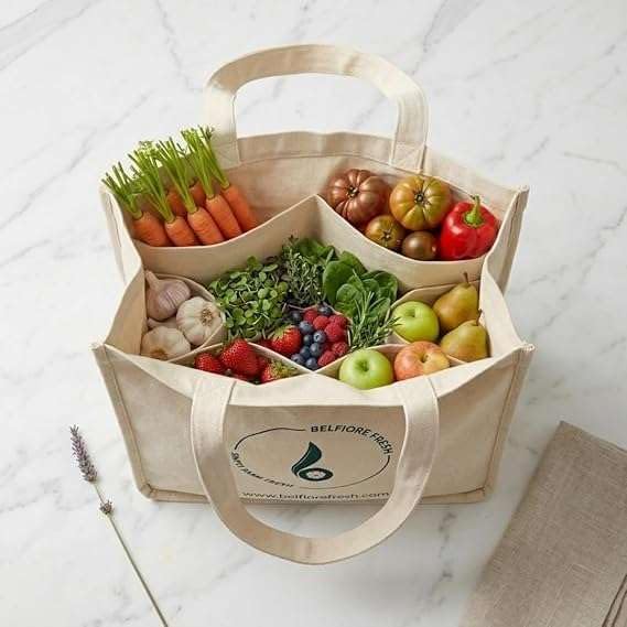 Cotton Canvas Heavy Duty Grocery Bag, Reusable Market Tote with Multiple Compartments, Strong Handles & Thick Bottom