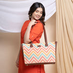 ZOUK WavBeach Wave Printed Jute Handcrafted Vegan Leather Women's Multicolor Structured Tote Bag Contemporary