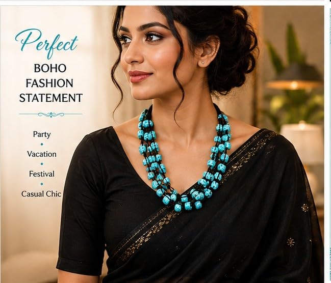 PRIMENEST Turquoise Blue Stone Statement Necklace for Women & Girls | Handmade Boho Multi-Strand Beaded Necklace | Ethnic Tribal Fashion Jewellery for Party, Casual, Festive & Gift | PN-63