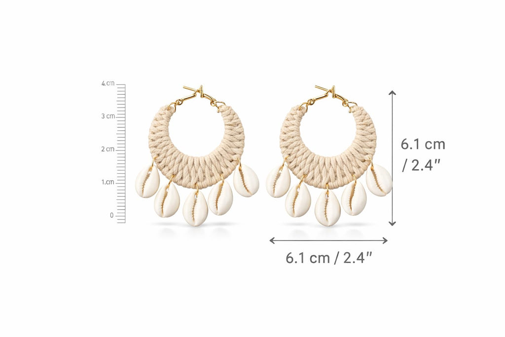 TR haute Boho Cowrie Shell Earrings for women and girl, Handmade Macrame Hoop Design with Natural Seashells, Beach Style Statement Jewelry, Cream Color , lightweight, daily, party and office style earring.