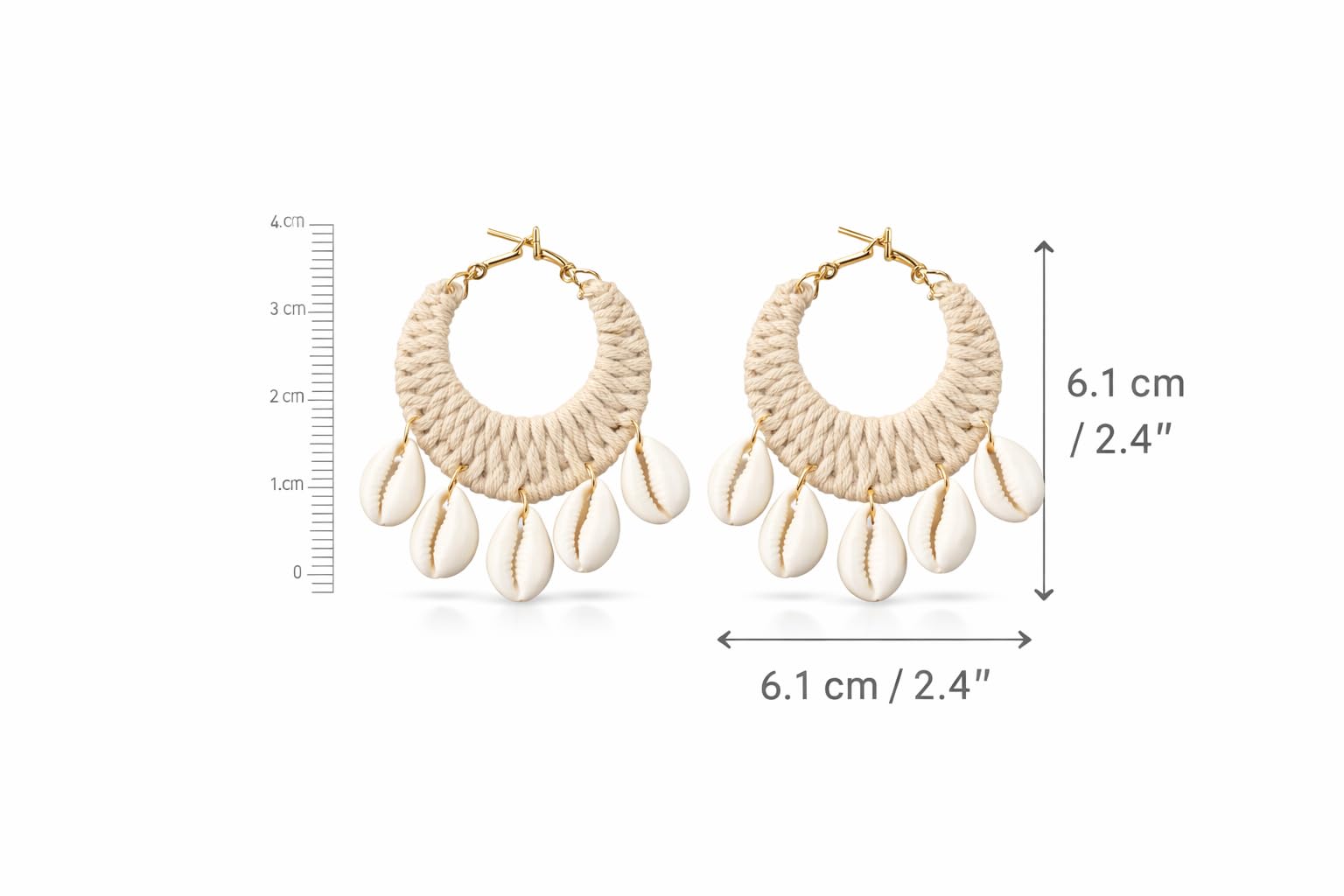 TR haute Boho Cowrie Shell Earrings for women and girl, Handmade Macrame Hoop Design with Natural Seashells, Beach Style Statement Jewelry, Cream Color , lightweight, daily, party and office style earring.