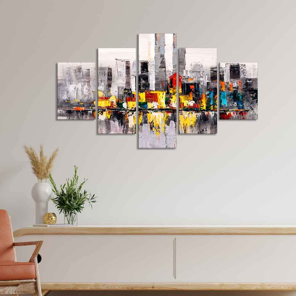 VIBECRAFTS Abstract Wall Painting Skyline of New York City Five Pieces For Home|Office|Living Room|Gift (PTVC5Pcs1_5514)