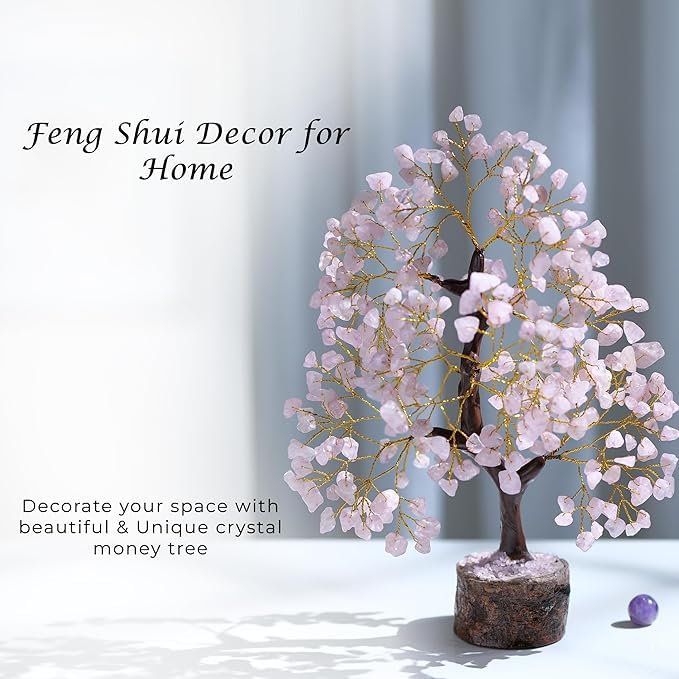 KHOLAD Rose Quartz Natural Crystal Money Tree | Feng Shui Healing Gemstone Tree for Love, Peace, Harmony & Positive Energy | Decorative Bonsai Tree for Home Decor & Office (Pink)